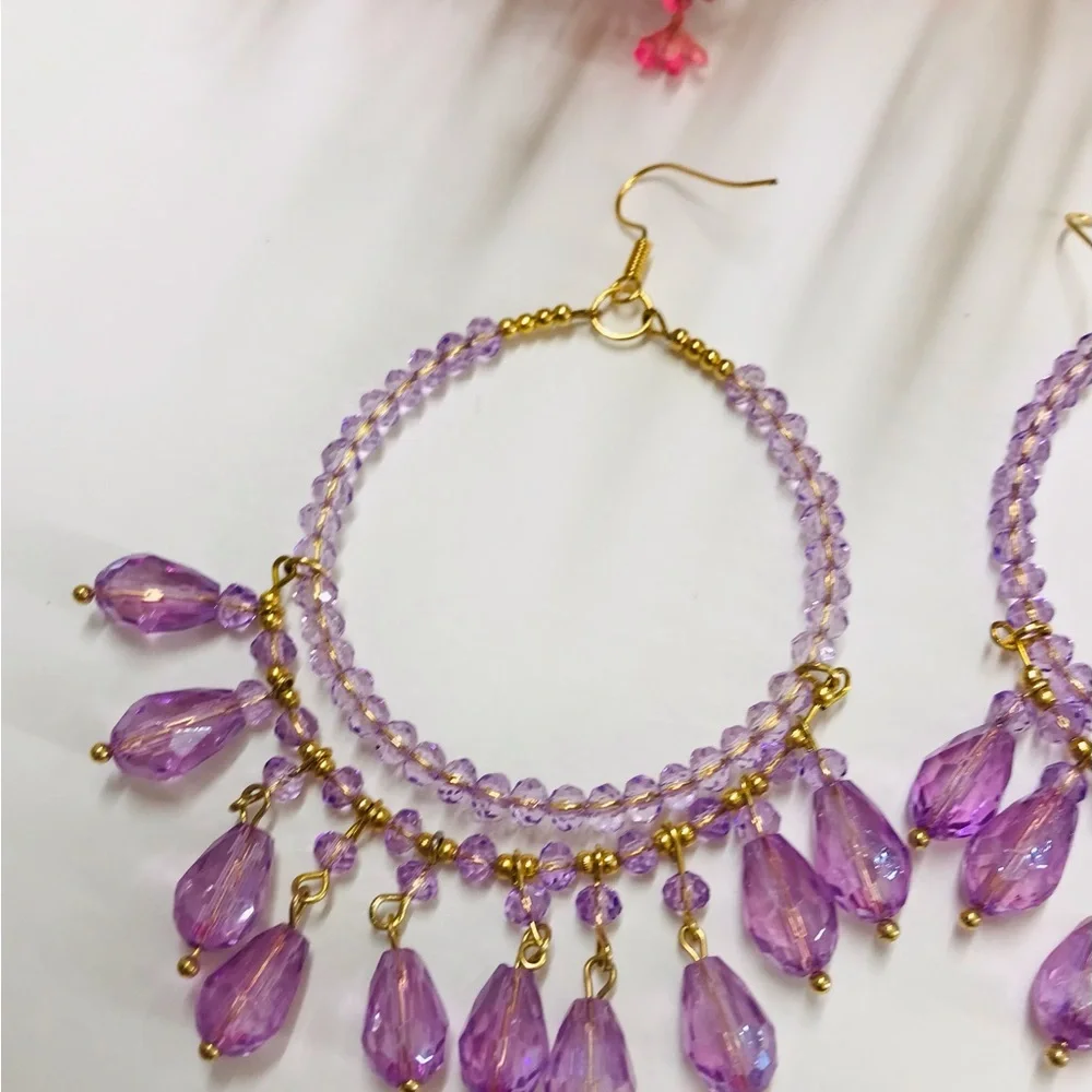 Oro Laminado Round Shape Handmade Purple Dangle Earrings Long 4